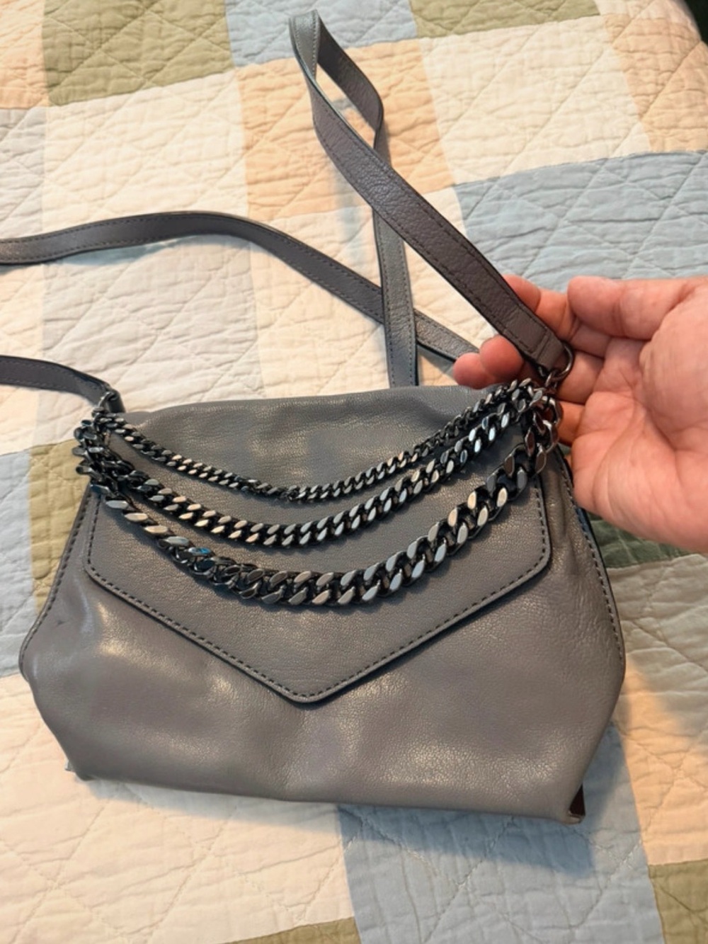 Milly Gray Leather Crossbody with Chain Trim